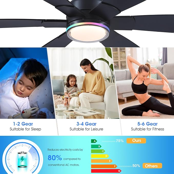 Kviflon 52" Modern Ceiling Fans with RGB Lights Remote/APP Control, Low Profile Flush Mount Ceiling Fan, 6 Reversible Plastic Blades 6 Speeds, RGB + 3 CCT Dimmable Lights for Bedroom Kidsroom, Black