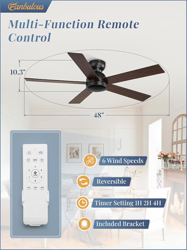 2 Pack 48 Inch Low Profile Ceiling Fan no Light, Black Ceiling Fan without lights, 6-Speeds, Quiet Reversible DC Motor, Indoor/Outdoor Ceiling Fans without Lights for Patio, Living Room, Bedroom
