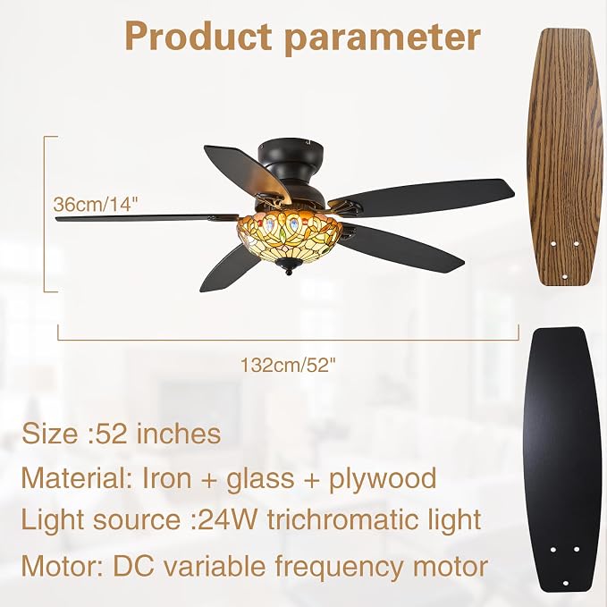 Ceiling Fans with Lights - 52" Ceiling Fan Chandelier with 5 Dual-Blades and Glass Shade, 6 Speeds and Reversible, Indoor and Outdoor, Retro Style