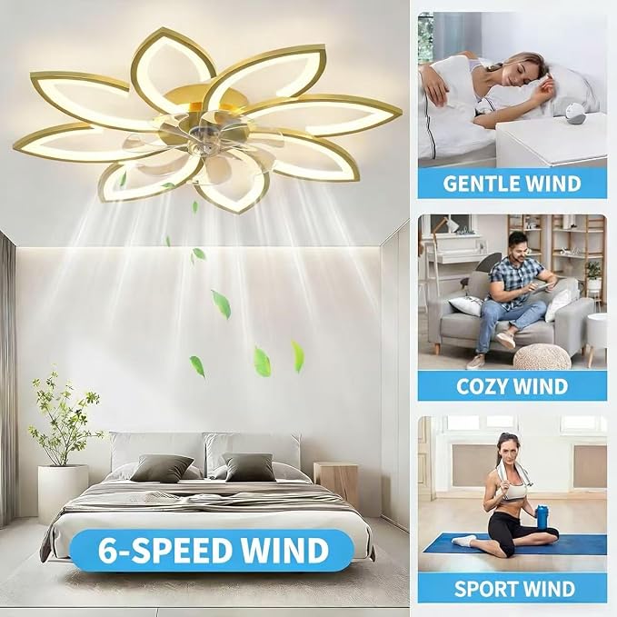 35" Ceiling Fans With Lights and Remote, Low Profile Flush Mount | Ceiling Fan Lights With 6 Speed 3 Colors Dimmable, For Bedroom Living Room, Quiet, Reversible Motor, Timing Gold