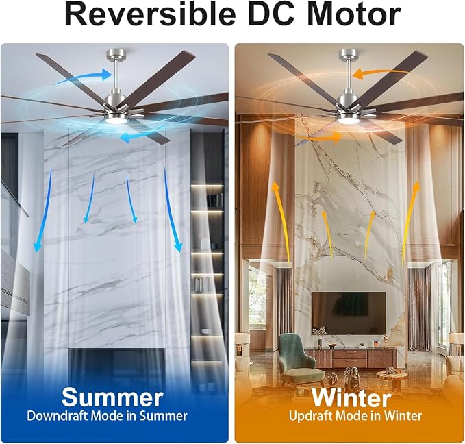 Rayqueen 84 Inch Brushed Nickel Ceiling Fans with Lights and Remote,Downrod | Walnut Blades,6 Speed Reversible DC motor,3-color temperature dimmable LED.5.9/11.8/23.6 inch downrod