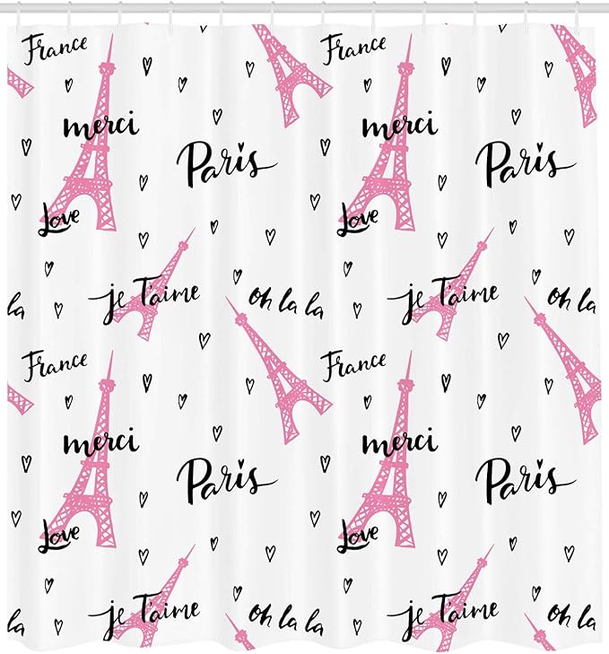 Ambesonne Eiffel Tower Shower Curtain, France Paris Oh La La Eiffel Tower Hearts Calligraphy Doodle Style Artwork, Cloth Fabric Bathroom Decor Set with Hooks, 69" W x 70" L, Black Pink