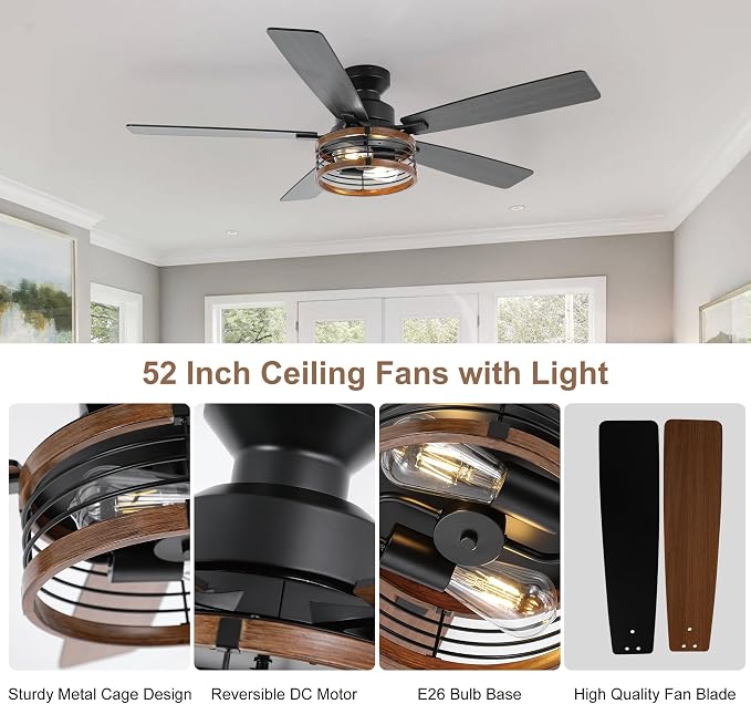 Qcyuui 52" Ceiling Fans with Lights and Remote Farmhouse Ceiling Fan with Light, 6-Speed Reversible DC Motor, Dual Finish 5 Blades, Rustic Caged Ceiling Fan for Bedroom Living Room,Black Walnut