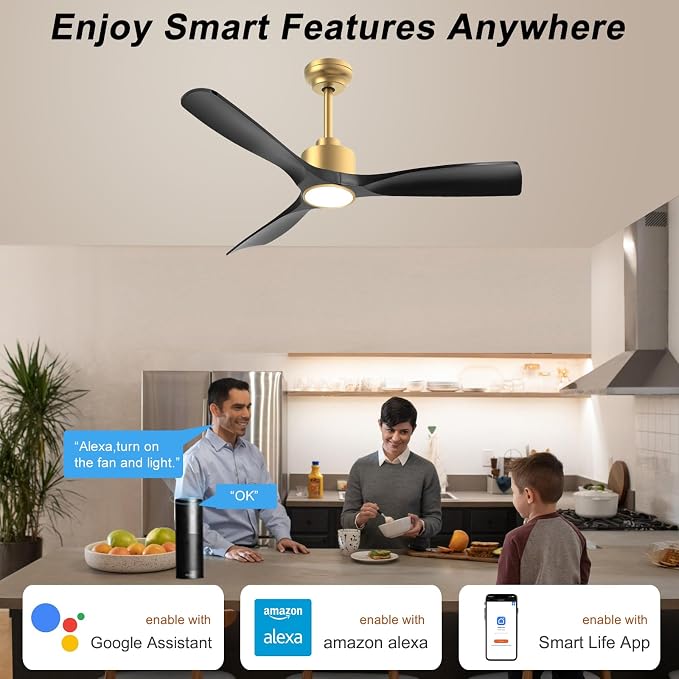 OFANTOP 52 Inch Modern Black Gold Smart Ceiling Fan with Light and Remote | High CFM Quiet DC Motor, 3-Color Dimmable Ceiling Fan Light, Reversible Motor, Timer, for Bedroom Living Room Dining Room