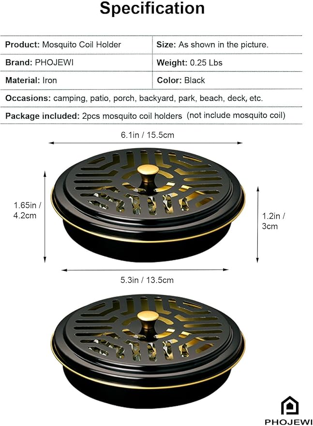 Mosquito Coil Holder, 2 Pack Metal Mosquito Repellent Coil Holder with Lid Black Portable Incense Coil Burner for Outdoor Camping Patio Party