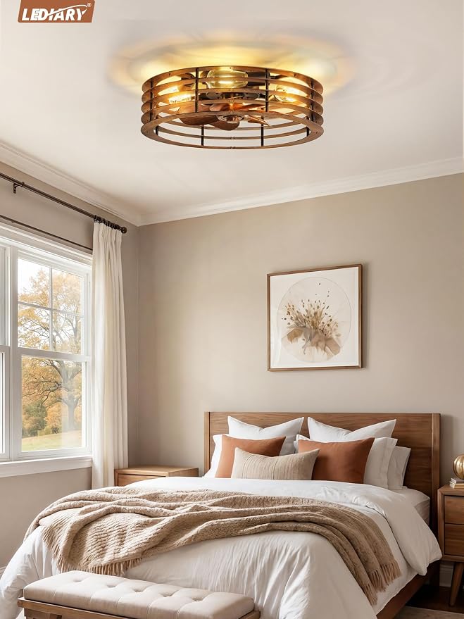 LEDIARY 20" Flush Mount Caged Ceiling Fan with Light, Low Profile Ceiling Fans with Light and Remote, 6 Speed & Reversible, Farmhouse Enclosed Fan Lights for Bedroom, Kitchen, Living Room