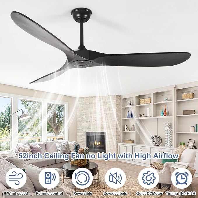 52'' Solid Wood Ceiling Fan without Light,Modern Black Ceiling Fans with Remote Control,Quiet and Reversible DC Motor,Outdoor Ceiling Fan for Garage,Porch,Living Room,Bedroom