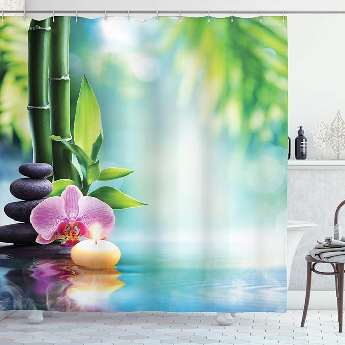 Ambesonne Spa Shower Curtain, Symbolic Features Candle and Bamboos Tranquil and Thoughtful Life Nature Print, Cloth Fabric Bathroom Decor Set with Hooks, 69" W x 75" L, Blue Black