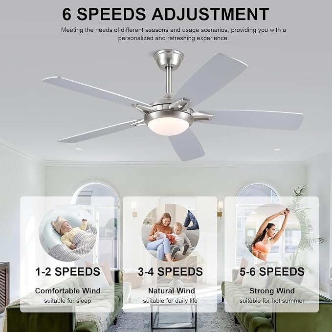 Kviflon 52 Inch Ceiling Fans with Lights and Remote, Modern Indoor Outdoor Ceiling Fan for Bedroom Living Room Patio Porch, 6 Speeds, Reversible Quiet Motor, Dual Finish Wooden Blades, Nickel