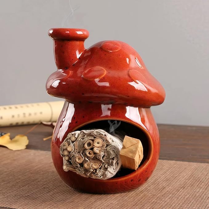 Mushroom Incense Holder, Ceramic Palo Santo Holder – Suitable for Burning Sage & Palo Santo - Mini Chimenea-Style Burner, an Incense Burner for Spiritual Meditation, Yoga or Home Decoration