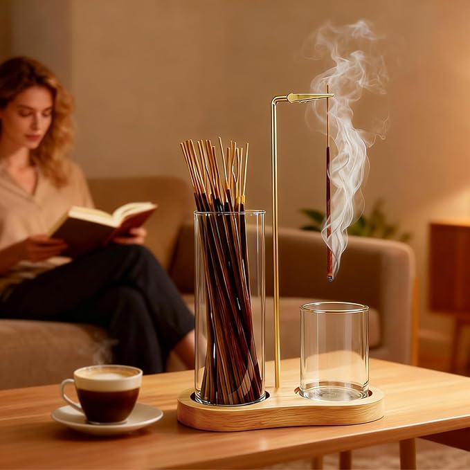 Glass Incense Holder, Black Incense Sticks Burner Holder with Storage,Hang Upside Down Incense Holder for Sticks with Glass Ash Catcher for Meditation Yoga Spa Room Decor (Natural Wood)