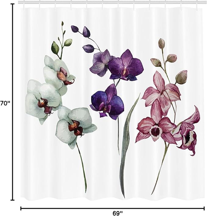 Ambesonne Watercolor Flower Shower Curtain, Different Orchid Flowers on Clear Background Exotic Blooms, Cloth Fabric Bathroom Decor Set with Hooks, 69" W x 70" L, Rose Purple