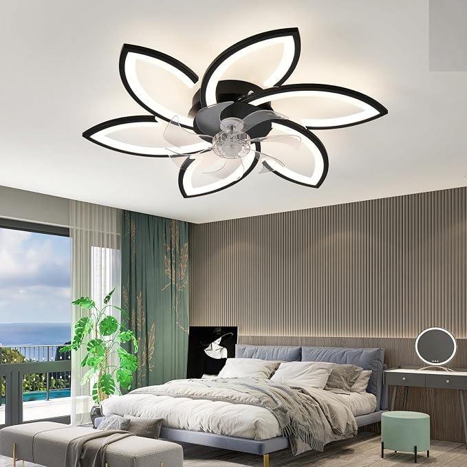 30" Geometric Ceiling Fan with Light Remote Control, 6 Speeds 3 Colors, Black Low Profile Flush Mount Ceiling Fan for Bedroom Kitchen Living Room