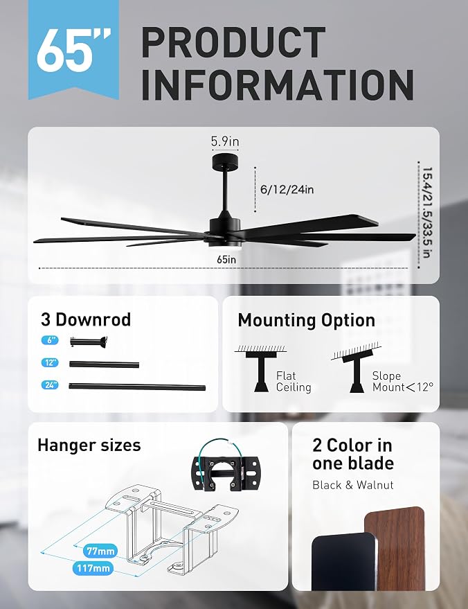 Minislak 65 Inch Black Smart Ceiling Fan with Light and Remote via WIFI Alexa APP Control,Dimmable,Quiet DC Motor Indoor Outdoor Ceiling Fans for Patios or Bedroom