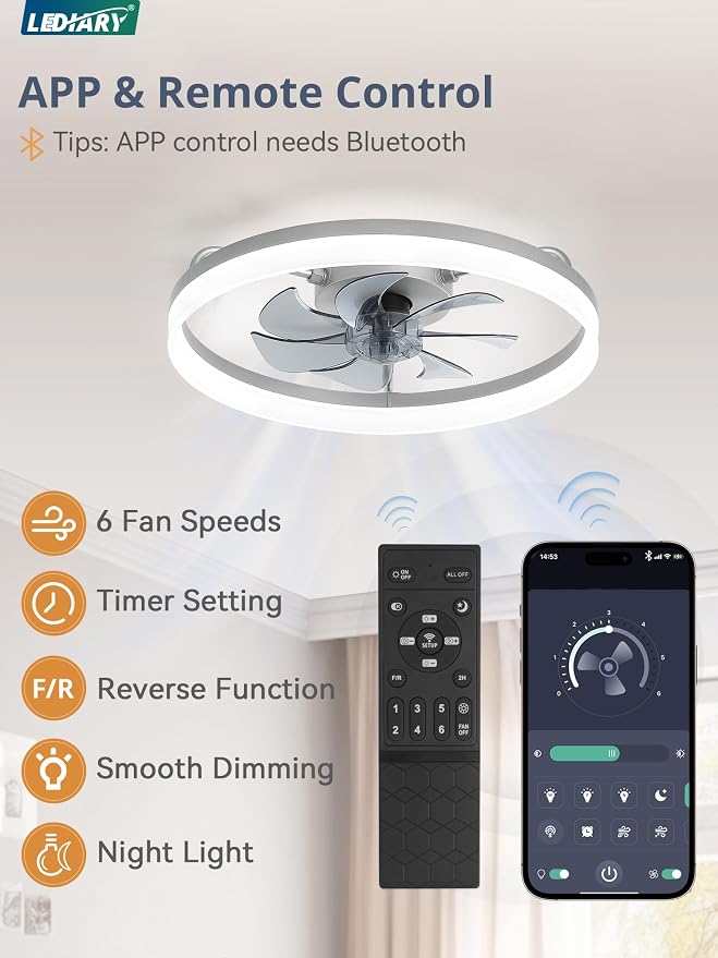 LEDIARY Ceiling Fans with Lights, 20 inch Low Profile Flush Mount Ceiling Fan, Dimmable LED, APP & Remote Control, Quiet Reversible DC Motor, 6 Speeds, Fandelier for Bedroom, Grey