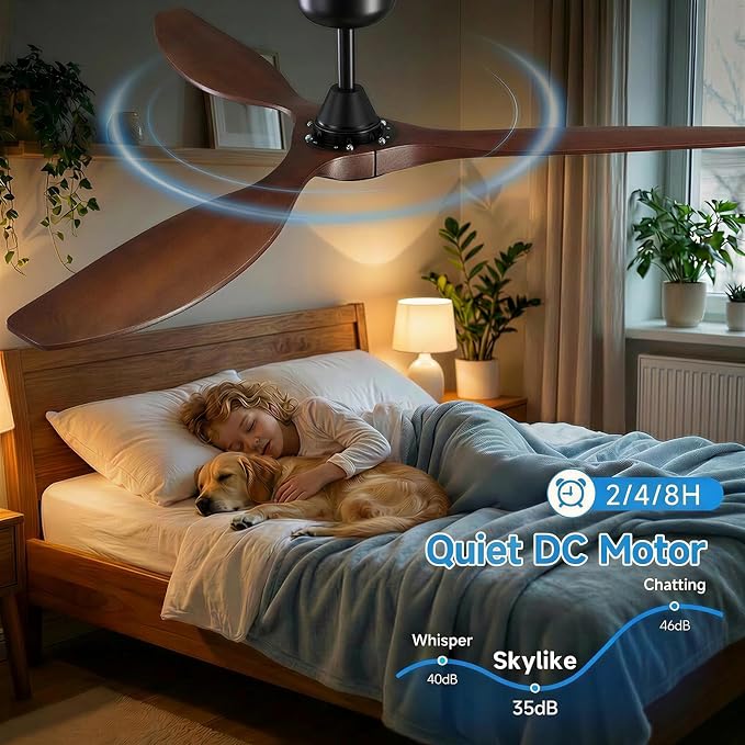 Skylike 52" Wood Outdoor Ceiling Fan with Lights, Propeller Farmhouse Ceiling Fan and Remote Control, 3 Blade Dark Walnut Ceiling Fan for Patio,Porch, Gazebo, Bedroom