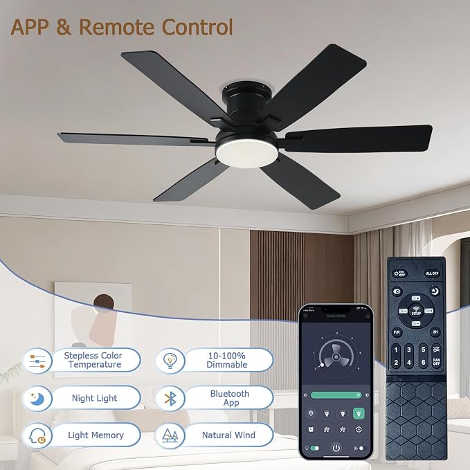 52 inch Black Ceiling Fans with Lights and Remote - Flush Mount Low Profile Ceiling Fan with Light, Reversible, 3CCT, Dimmable, Modern Indoor Ceiling Fan for Bedroom Living Room, Covered Patios