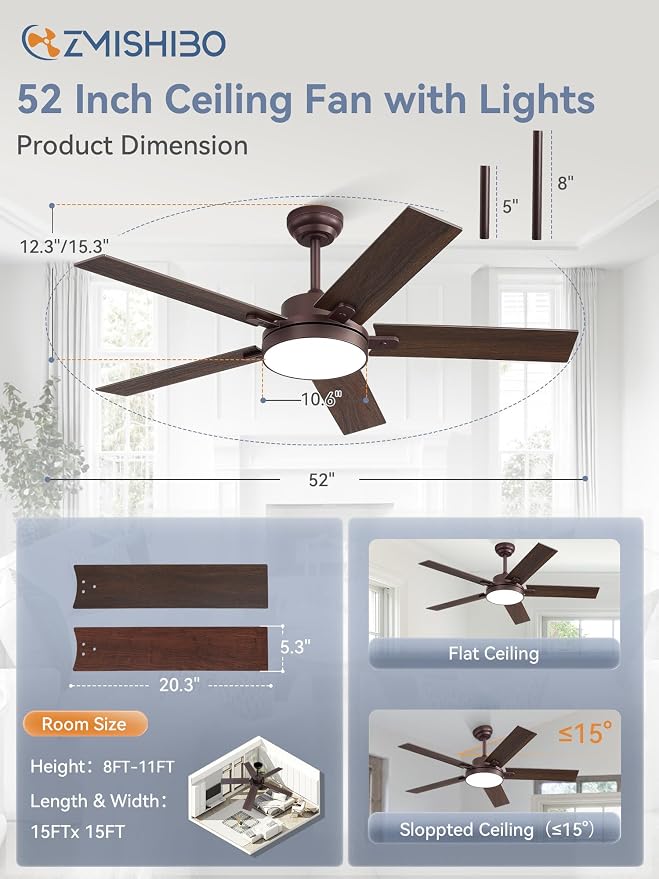 ZMISHIBO 52" Ceiling Fans with Lights, Smart Remote/APP Control, Farmhouse Ceiling Fan with 6 Speeds & 3CCT, Dimmable 30W LED, Quiet DC Motor, Noiseless for Living Room, Bedroom, Kitchen, Oil Bronze