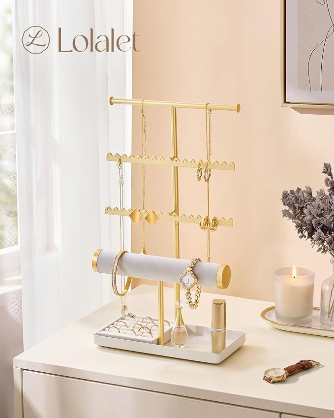 Lolalet Jewelry Organizer Stand, Necklace Bracelet Holder -Gold | Space-Saving Jewelry Display Storage Rack on Vanity Dresser for organizing Earrings Bangels Rings