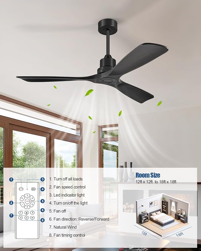 Ceiling Fans With Remote Control, Outdoor Ceiling Fan for Patios Indoor, 3 Downrods, 3 Blades, Timer, 6 Speed Reversible Quiet DC Motor Modern Fan Solid Wood Fan,52in, Matte Black