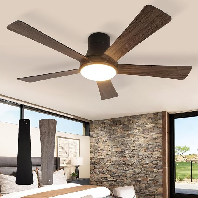 52 Inch Ceiling Fans with Lights and Remote, Flush Mount Black Ceiling Fan, 5 Blades, Dimmable, Reversible Motor, 3-Color Temperatures, 6 Speeds for Bedroom, Living Room, Patio