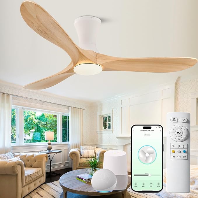 52 inch Smart Flush Mount Ceiling Fans with Lights, Low Profile Ceiling Fan with WIFI Alexa and App Remote Control, Quiet DC Motor, 3 Blades Wood Modern fan for Indoor Outdoor Bedroom Patio, Nature