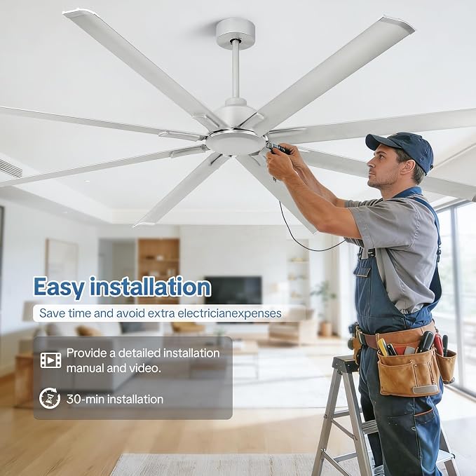 YYEHON 84 Inch Large Ceiling Fans No Lights, Industrial Fan Quiet DC Motor, 8 Aluminum Blades, 3 Downrod, 6-Speed Remote Control, Home or Commercial Fan for Porch, Garage, Shop