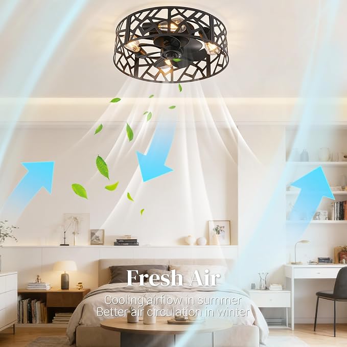 20" Farmhouse Flush Mount Ceiling Fan with Light and Remote, Black Caged Low Profile Fandelier, 6-Speed Reversible Enclosed Ceiling Fan for Bedroom, Kitchen, Small Room