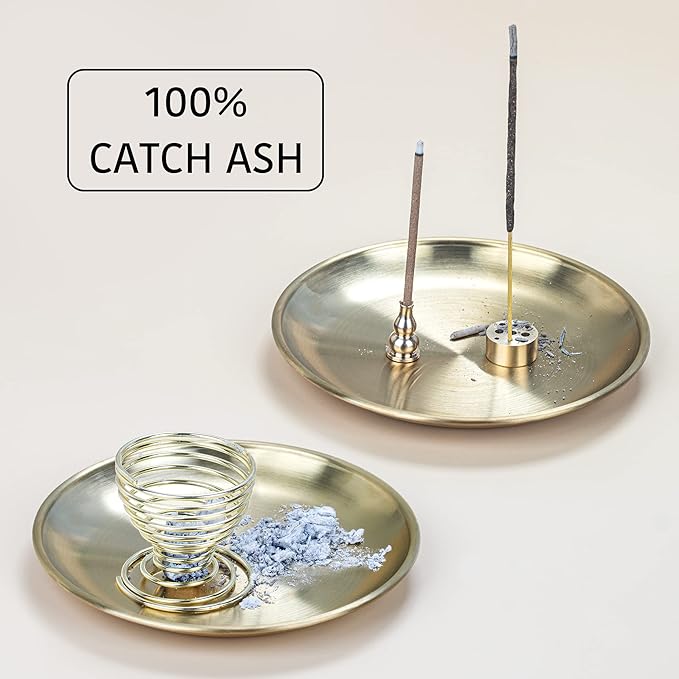 ZenBless 5 in 1 Incense Burner, Palo Santo Holder, Sage Holder, Incense Sticks/Coil/Cones, 5.5 inches Brass Ash Catcher for Meditation Yoga Room (Gold_2pcs)