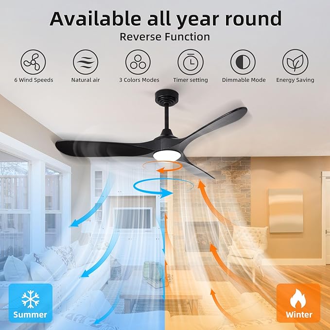 52” Outdoor Ceiling Fan with Light and Remote via WiFi Alexa, 3 Black Solid Wood Blade, Noiseless Reversible Dc Motor, Smart Outdoor Wood Ceiling Fan for Farmhouse Patios, Black