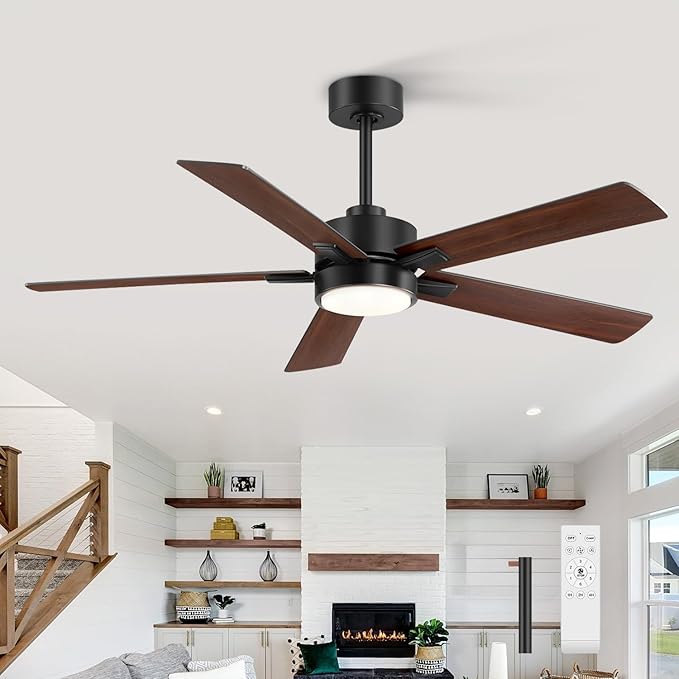 Ceiling Fans with LED Lights, 52 Inch 5-Blade Ceiling Fan Remote Control, Industrial Ceiling Fan with Reversible DC Motor, Downrod Mount LED Ceiling Light Chandelier for Bedroom (Black & Walnut)