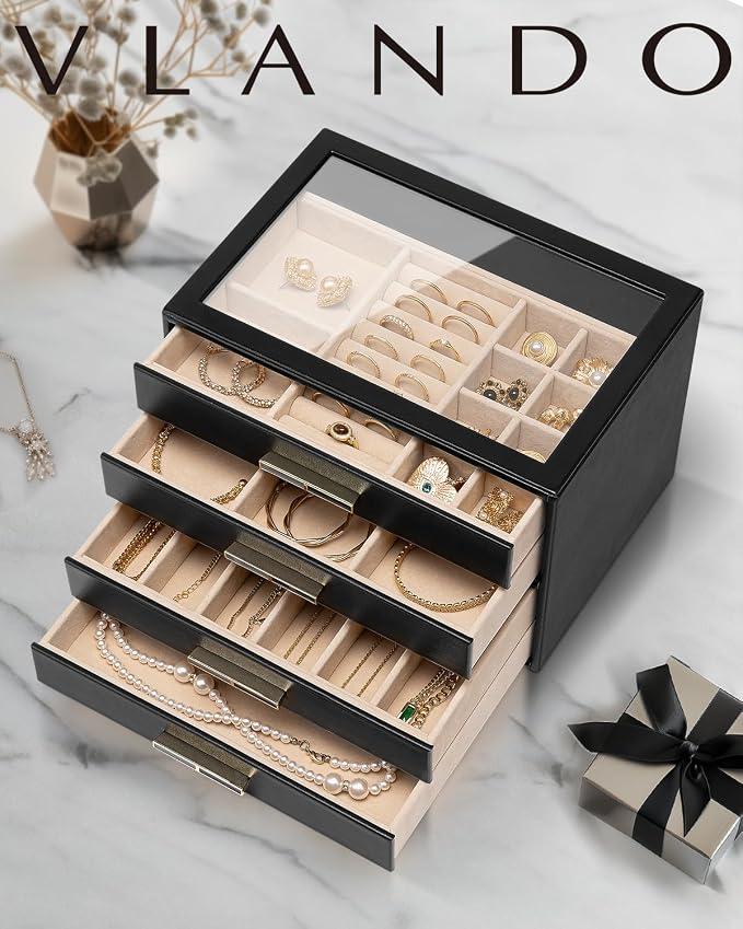 VLANDO 4 Layer Jewelry Box for Women, Glass Lid Jewelry Organizer with 4 Drawers for Necklaces Rings Earrings Bracelets - Black