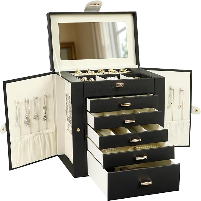 KAMIER Jewelry Box for Women, 6-Layer Large Jewelry Organizer Box with Mirror & 5 Drawers for Rings, Earrings, Necklaces, Bracelets,Black