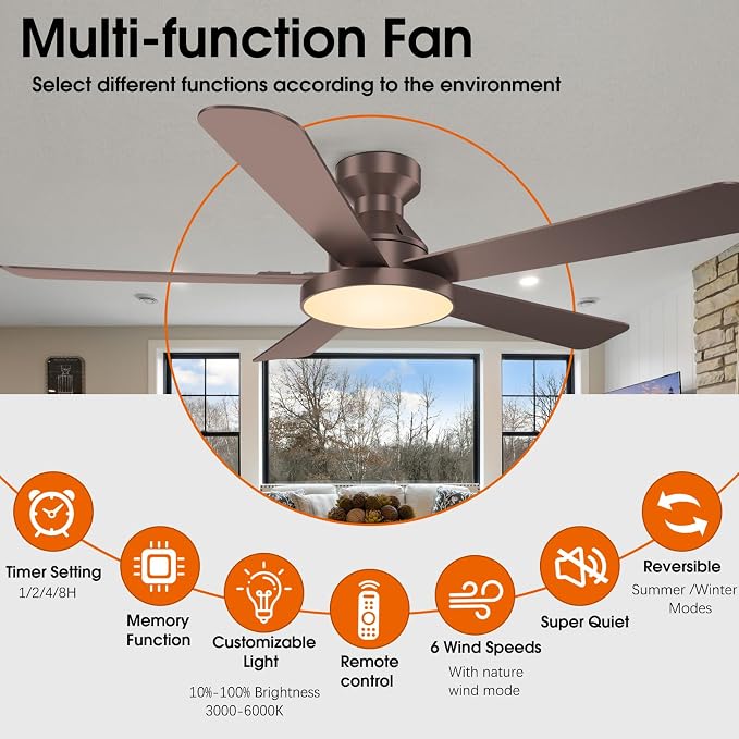 Ceiling Fans with Lights, 52 inch Low Profile Ceiling Fan with Light, Remote/App Control, Flush Mount Modern Ceiling Fan for Bedroom, Indoor/Outdoor (Brown)