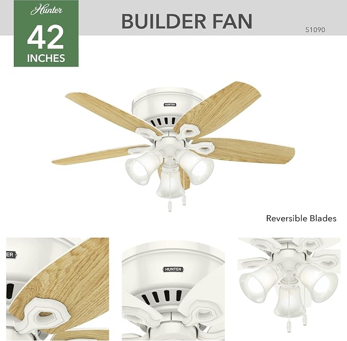 Hunter Builder, Indoor, Ceiling Fan, with LED Lights, 42 inch, Snow White | Low Profile Flush Mount, Pull Chain, 5 Blades, For Bedroom, Living Room, Kitchen, 51090