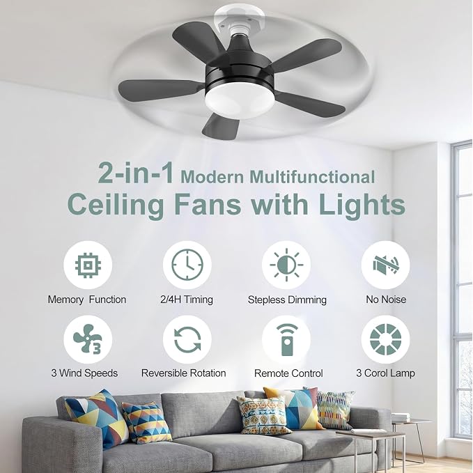 17.7" Socket Fan Light, Stepless Dimmable 3000K-6500K Small Ceiling Fans with Lights and Remote, 3000 Lumens E26/E27 Light Bulb Fan with Reversible Motor, for Bedroom Garage Kitchen Living Room