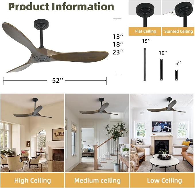Smart Ceiling Fan no Light, 52 Inch Outdoor Ceiling Fan Without Light, Compatible with Alexa/Google/App, 3 Solid Wood Blades, Modern Wood Fan for Patio, Bedroom, Living Room,Bronze