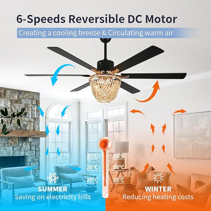 65 Inch Ceiling Fan with Lights and Remote, Wooden Bead Fandelier, 6 Speeds DC Motor Chandelier Fan, Vintage Farmhouse Ceiling Fan for Living, Dining Rooms, Bedroom, Patios, Shop, Ventilador de Techo