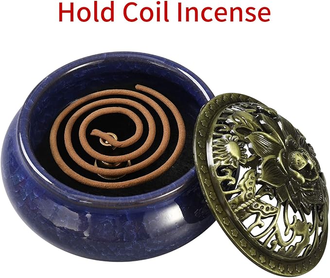 Miupoo Incense Burner and Cone Incense Holder with Brass Incense Stick Holder Ceramic Ash Catcher (Dark Blue)