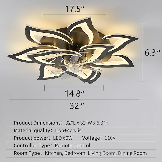 32inch Black Flower Modern Ceiling Fans with Lights, Low Profile Ceiling Fan with Remote for Bedroom, Flush Mount Ceiling Fan with LED Dimmable Light,6-Speeds, Timing Ceiling Fan Light