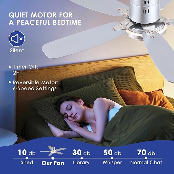 Hounberi 50 Inch Low Profile Ceiling Fans with Lights and Remote, Modern Brushed Nickel Flush Mount Ceiling Fan, 3CCT, Dimmable, Quiet DC Reversible Motor, for Bedroom Living Room Indoor/Outdoor Use