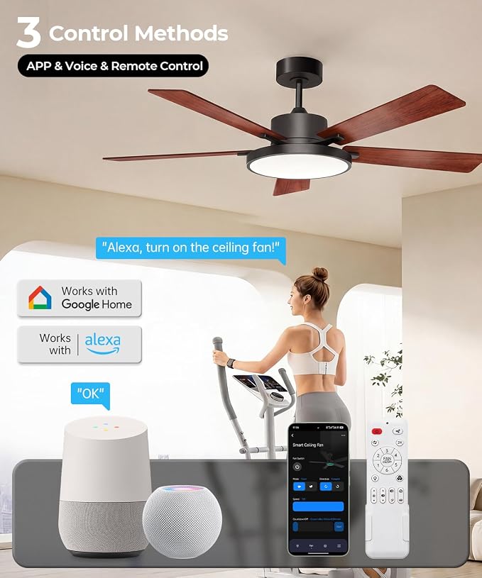 Ceiling Fan with Light, RGBCW Smart 52" Low Profile Ceiling Fan with Light and Remote, Alexa/Google/App Control, Reversible DC Motor, Dimmable, 2500lm, Quiet Fan for Bedroom,Living Room Brown
