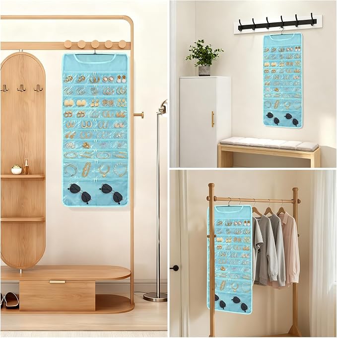 Hanging Jewelry Organizer Storage with 88 Zippered Pockets, Dustproof Foldable for Travel, Double-Sided Accessories Organizer Holder for Earrings Necklaces Rings on Closet Wall Door (Blue)