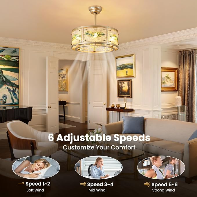 AIJIASI Gold Fandelier Ceiling Fans with Lights, 20" Caged Ceiling Fan with Light and Remote Control, Chandelier Ceiling Fan Low Profile with 6 Speeds for Bedroom, Living Room, Nursery