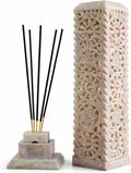 Carry Me Handmade Marble Soapstone Incense Stick Burner | Candle Stick Holder | Tea Light Stand - Floral Carving for Gifting. Decorative Incense Tower for Home and Office Decor. (3x3x11 Inches)