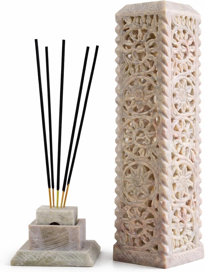 Carry Me Handmade Marble Soapstone Incense Stick Burner | Candle Stick Holder | Tea Light Stand - Floral Carving for Gifting. Decorative Incense Tower for Home and Office Decor. (3x3x11 Inches)