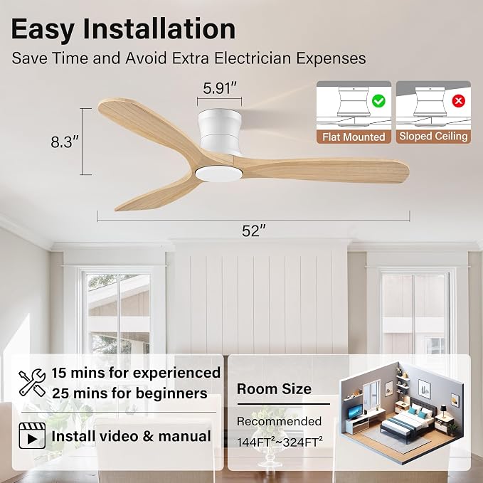 52" Flush Mount Ceiling Fans with Lights and Remote,6 Speeds DC Reversible,Dimmable,Noiseless,White& Light Wood blades Low Profile Ceiling Fans for Bedroom Living Room Patio,Modern Indoor/Outdoor