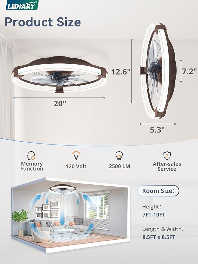 LEDIARY Ceiling Fans with Lights, 19.7 Inch Low Profile Ceiling Fan with Remote, 6 Speeds, Reversible, Dimmable Flush Mount Fan Light, Modern Fandelier Ceiling Fan with Lights for Bedroom, Brown