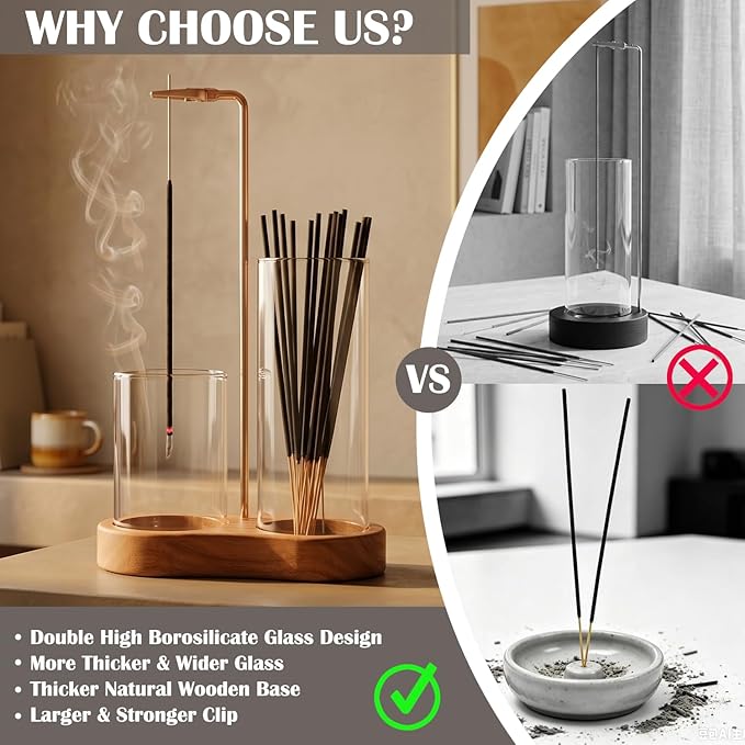 2 in 1 Incense Holder for Sticks with Glass Ash Catcher - Upside Down Anti-Ash Flying Incense Burner & Stick Storage Organizer, Ideal for Meditation, Yoga, Zen Home Decor, Spa Relaxation Gift