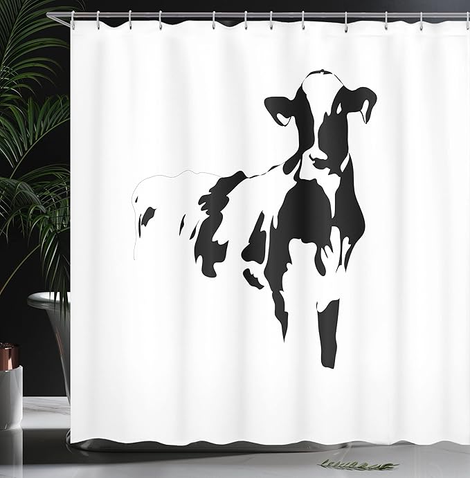 Ambesonne Rustic Shower Curtain, Simple Silhouette Style Portrait of a Cow Milk Farm Animals Agriculture Themed Illustration, Cloth Fabric Bathroom Decor Set with Hooks, 69" W x 84" L, Black White